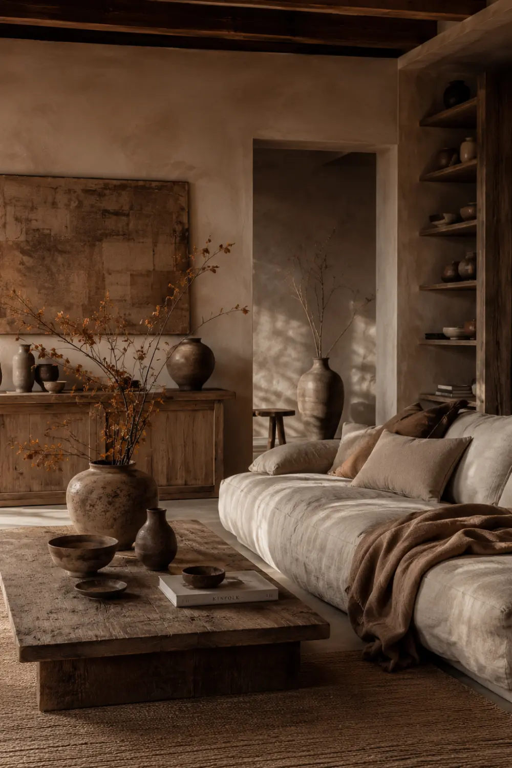 Earthy organic living room with rustic wooden furniture, neutral linen sofa, handmade pottery decor, textured walls, warm brown tones, cozy autumn styling, and natural luxury interior design inspiration.