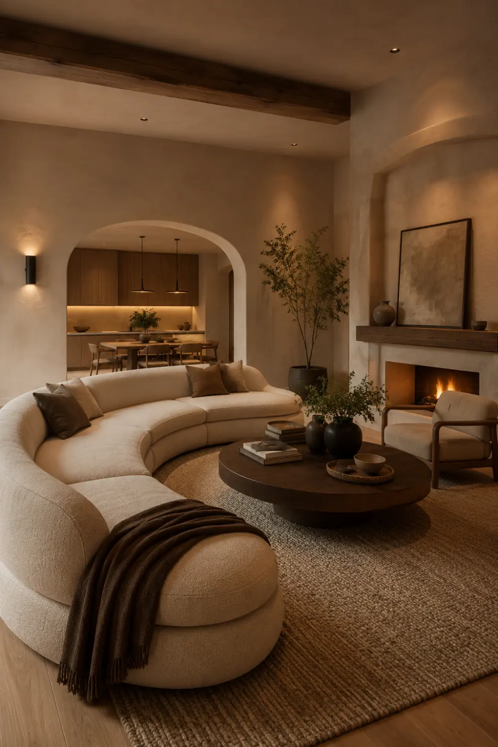 Organic modern living room with curved boucle sofa, warm fireplace, arched architecture, earthy neutral tones, textured rugs, walnut accents, soft ambient lighting, and cozy modern home interior styling.