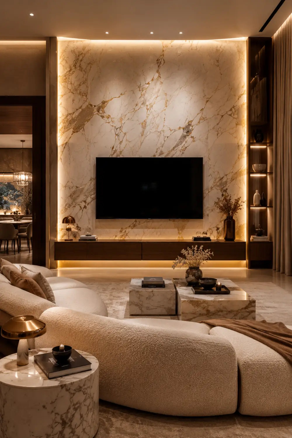 Luxury backlit marble TV wall with glowing warm LED lighting, floating walnut media console, elegant neutral living room decor, marble furniture, and modern penthouse interior styling.