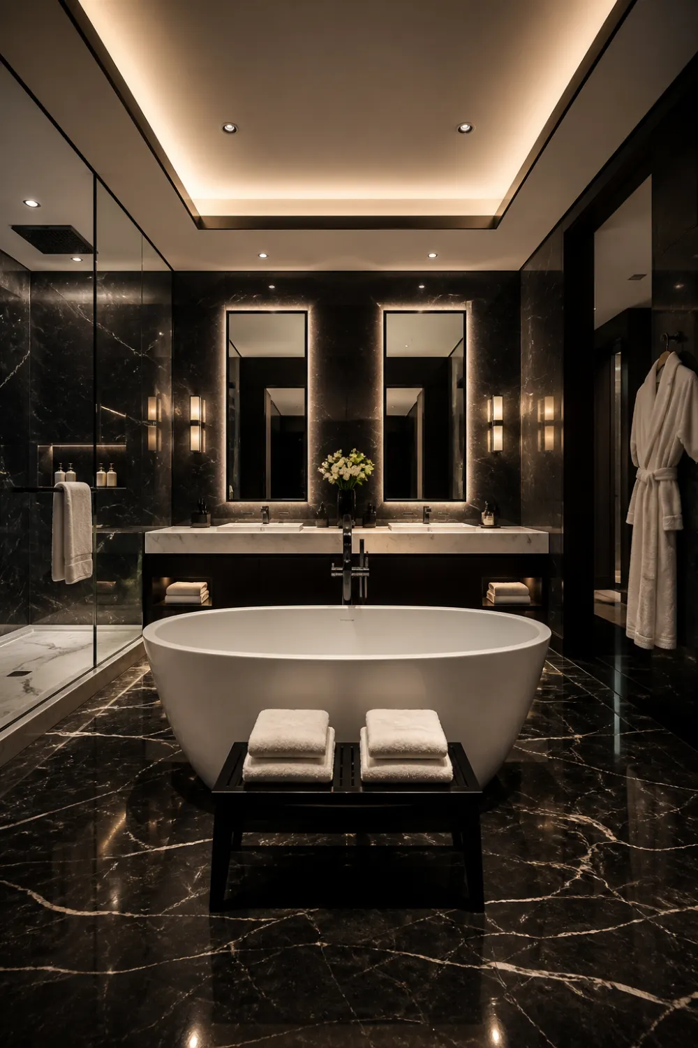 luxury dark black bathroom with glossy marble walls, freestanding white bathtub, double vanity with mirrors, warm lighting, high end hotel style black and white bathroom design