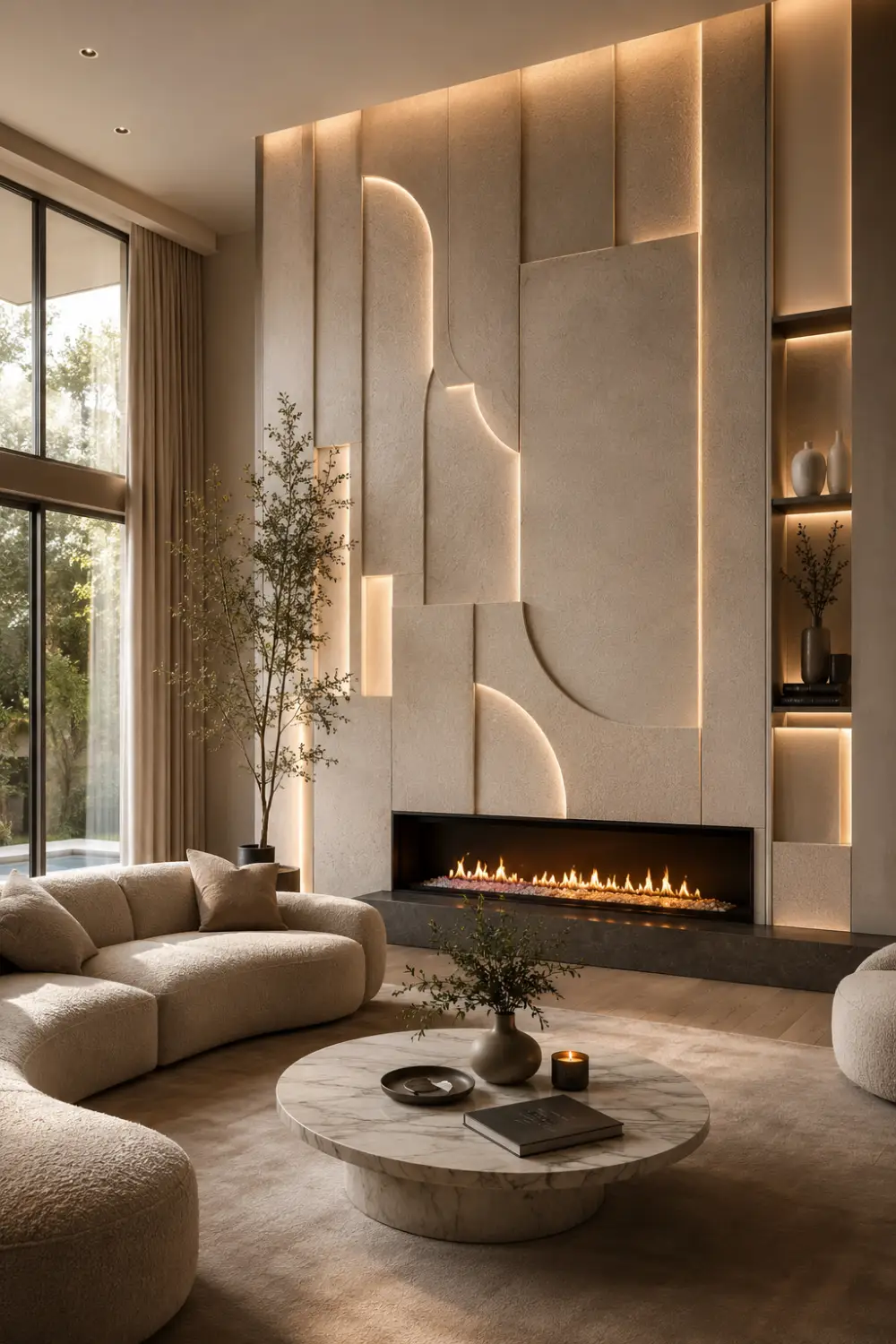 Minimal beige plaster fireplace with sleek black linear fire, warm ambient lighting, modern neutral furniture, and cozy organic modern living room design