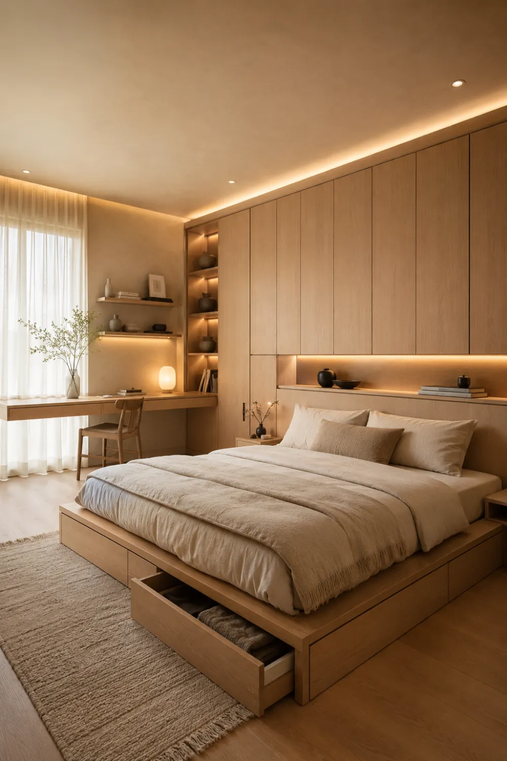 Luxury small Japandi bedroom with built-in wooden wardrobes, hidden LED lighting, floating shelves, storage platform bed, warm neutral decor, soft linen bedding, and minimalist workspace design.