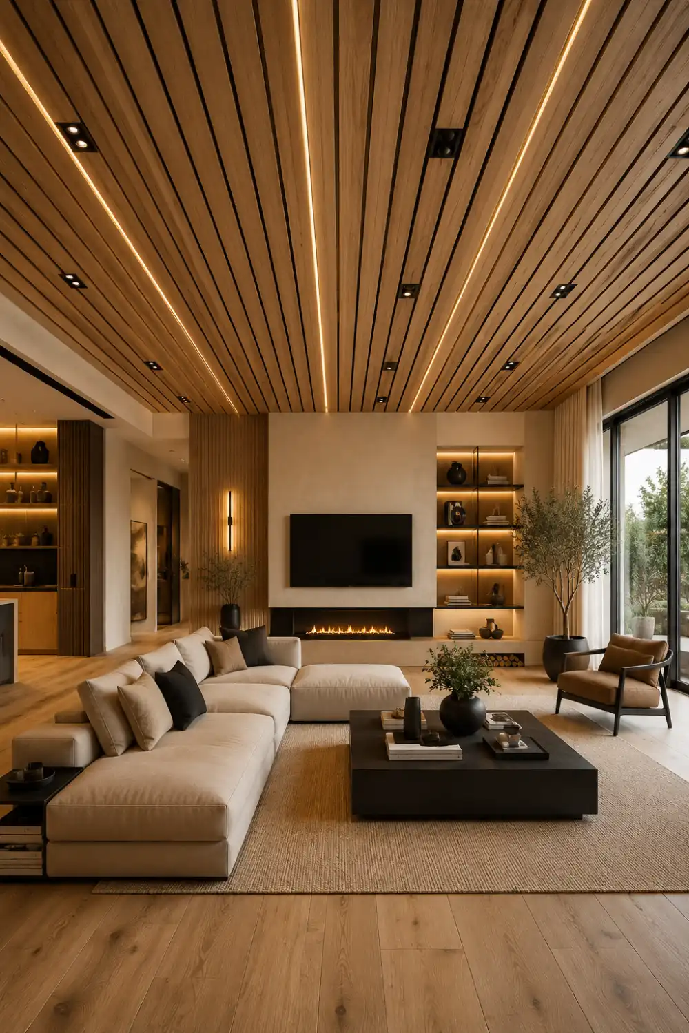 Contemporary wood slat ceiling with recessed lighting in a modern luxury living room featuring natural oak textures, warm tones, and minimalist interior design.