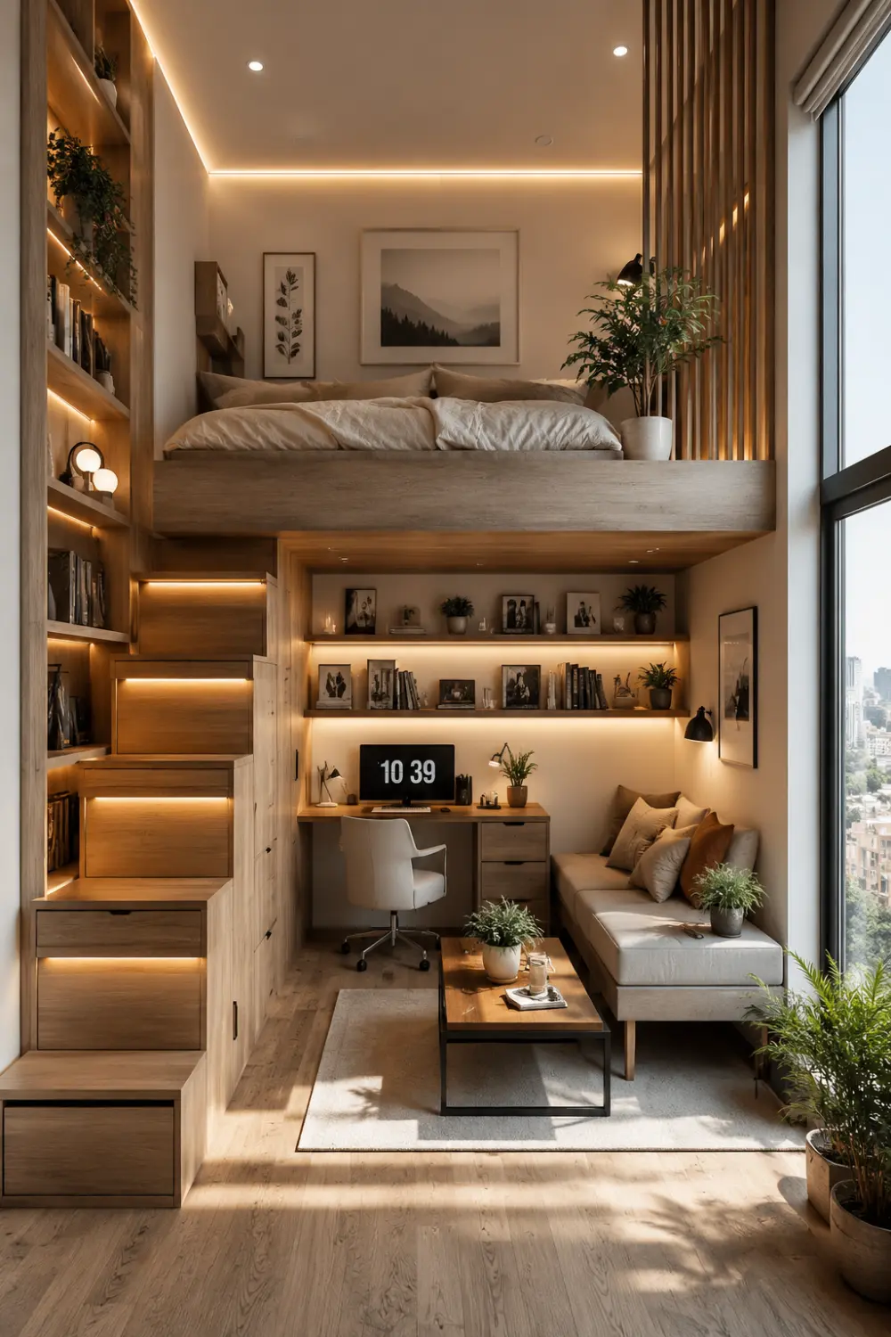 Loft-style tiny bedroom with elevated bed, hidden staircase storage, cozy workspace, warm wood interiors, LED shelf lighting, and multifunctional small apartment design inspiration.