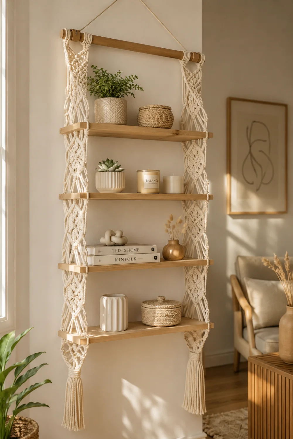 Modern macrame wall shelf hanging with woven cotton rope details and natural wooden shelves styled with candles, books, ceramic decor, and plants inside a cozy neutral boho interior.