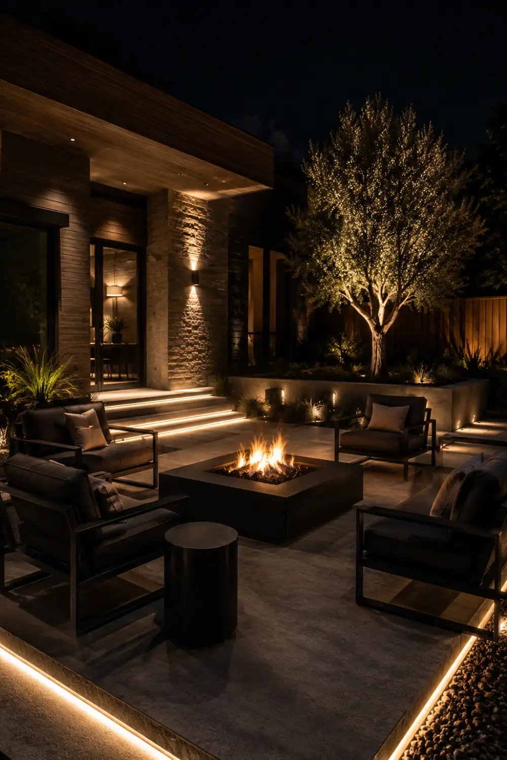 Modern black steel fire pit patio with matte black furniture, glowing fire feature, warm LED pathway lighting, luxury landscaping, and dramatic contemporary backyard ambiance at night.