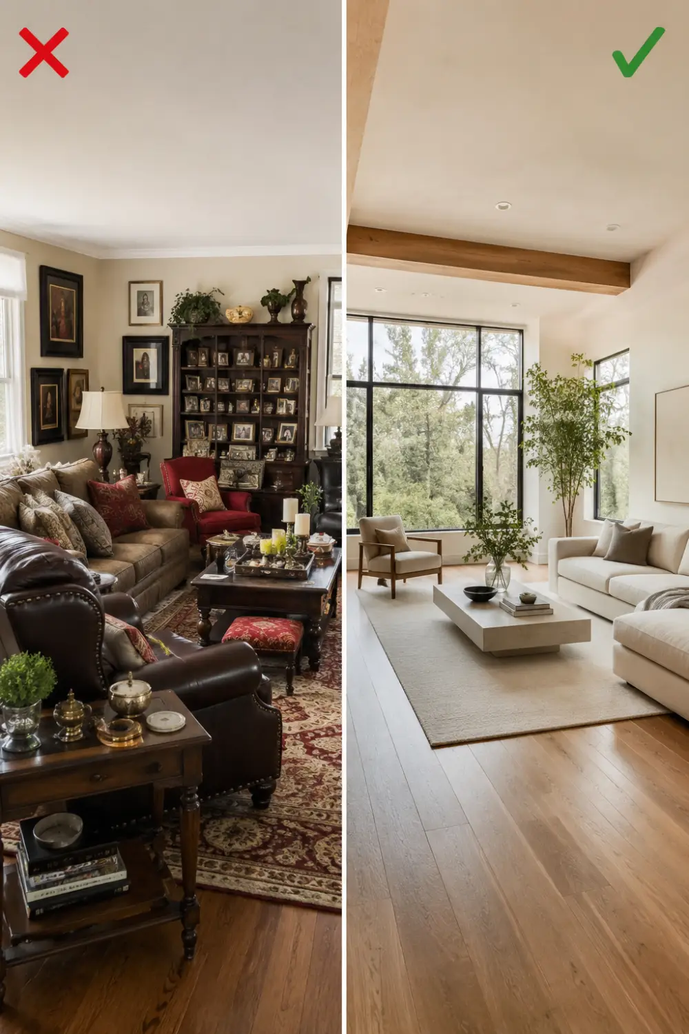 Overcrowded living room compared to spacious minimalist luxury interior with balanced furniture layout