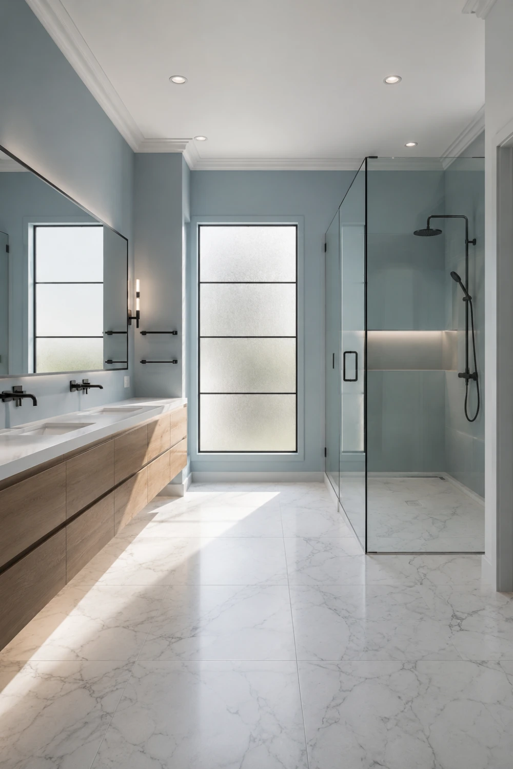 Soft powder blue bathroom with marble floors, glass shower, modern vanity, and spa-inspired luxury bathroom decor ideas.