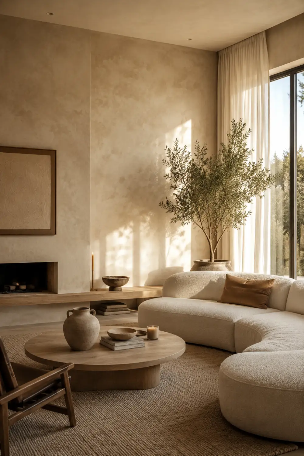 Modern luxury living room with warm beige Venetian plaster walls, curved boucle sofa, earthy decor, natural wood furniture, textured rug, olive tree, and soft golden sunlight creating a calm minimalist designer interior.