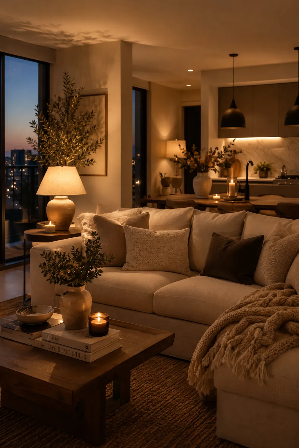 Warm cozy rental apartment living room with soft ambient lighting, glowing candles, neutral sectional sofa, chunky knit blanket, wooden coffee table, modern kitchen background, and elegant evening apartment decor creating a luxurious Pinterest-inspired cozy home atmosphere for modern renters.