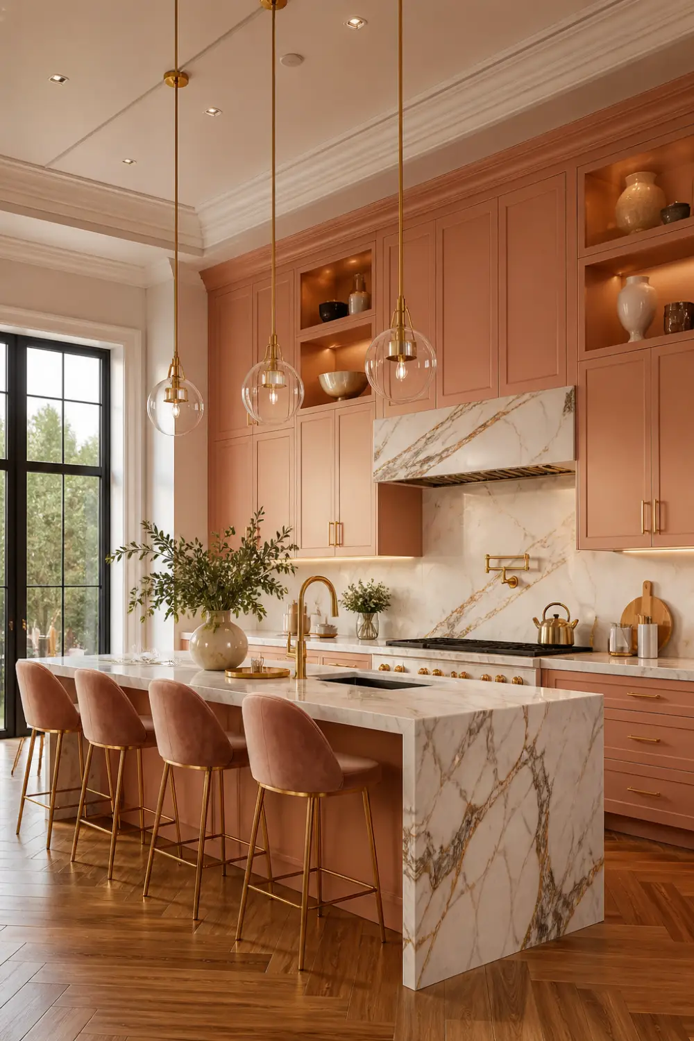 elegant peach kitchen with marble backsplash, gold fixtures, glass pendant lights, luxury cabinetry, modern warm kitchen design with stylish decor