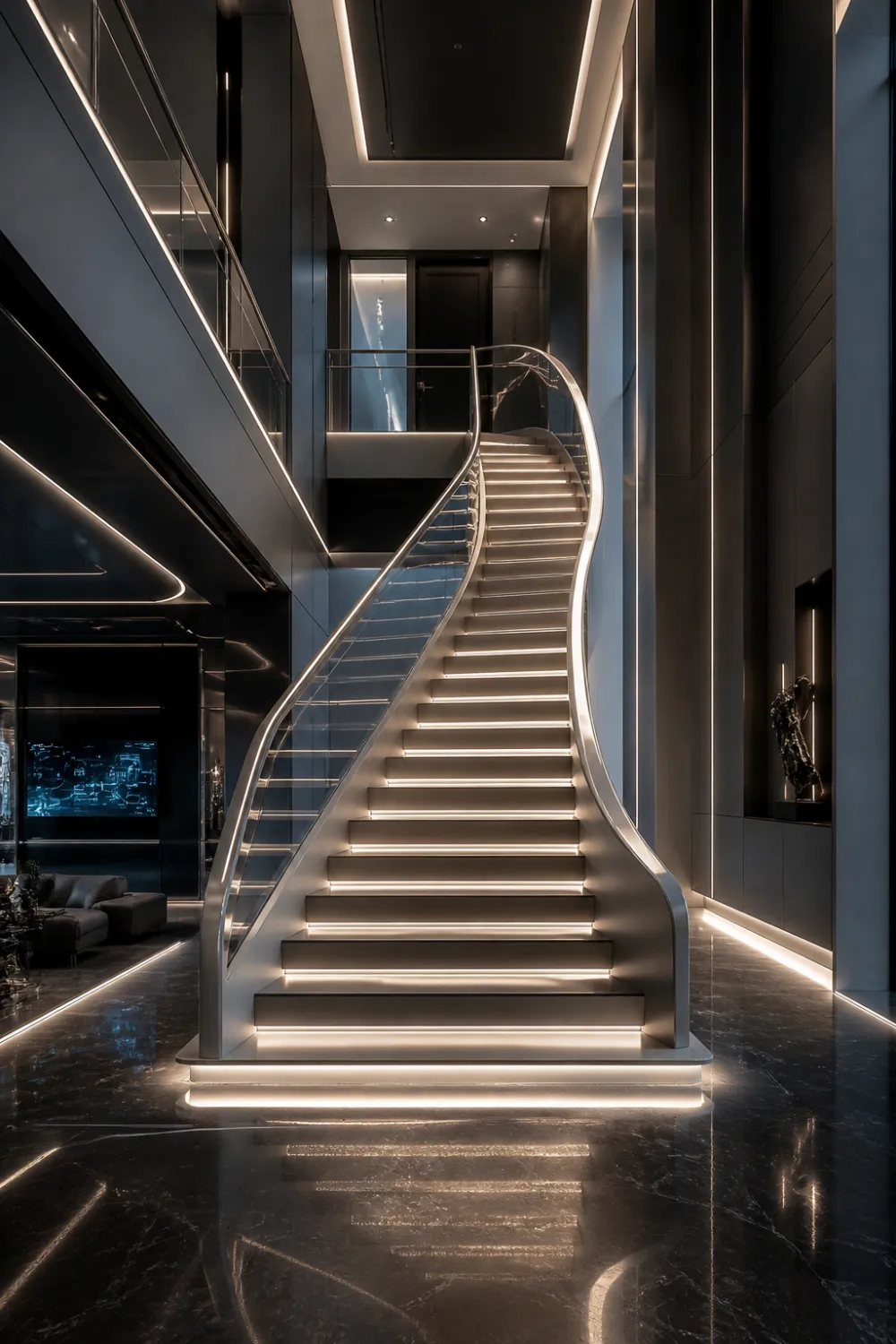 futuristic LED staircase with glowing steps, curved metal railing, dark modern interior, high end luxury lighting design