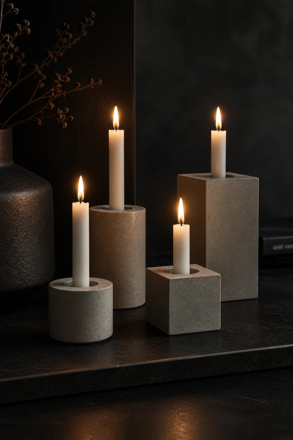 modern DIY concrete candle holders with lit candles on dark surface moody lighting cozy luxury home decor styling minimalist aesthetic