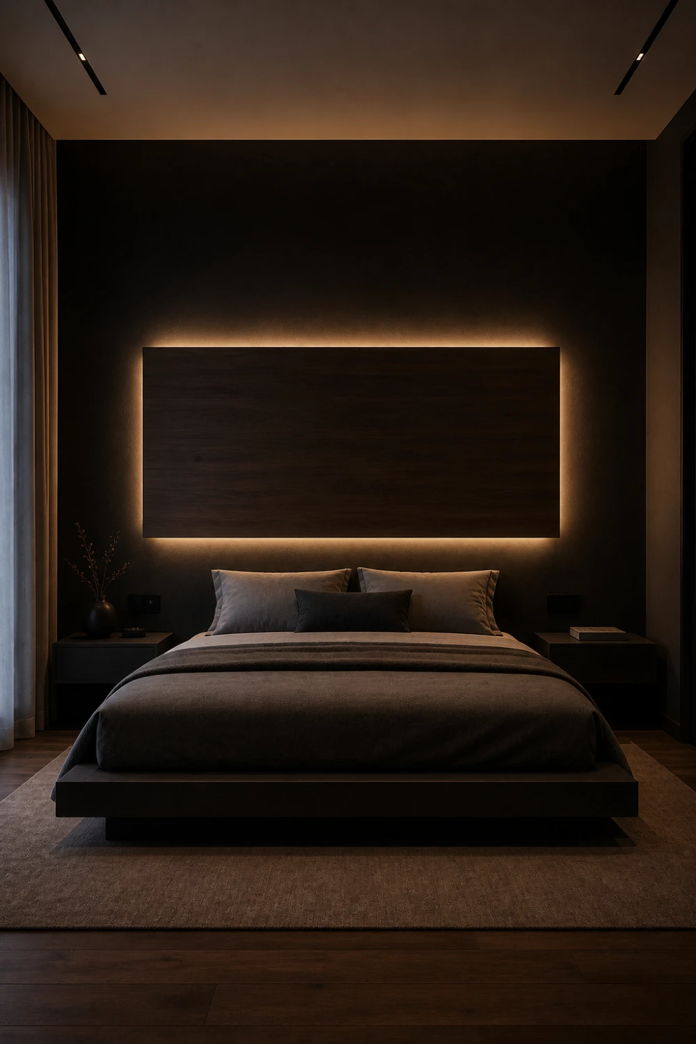 led backlit floating headboard modern bedroom dark wall soft glow lighting minimal bed design ambient lighting luxury bedroom aesthetic