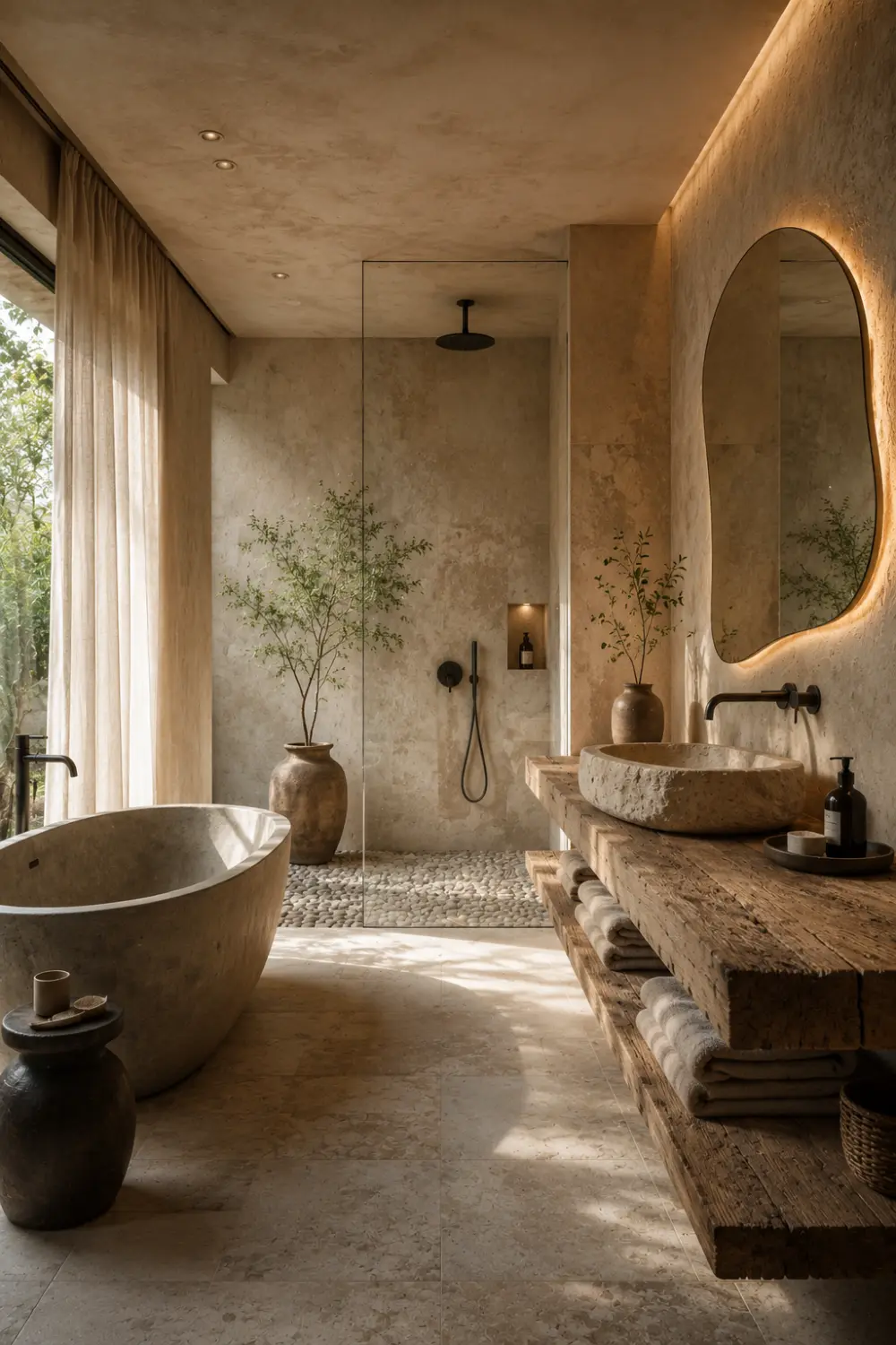 Organic Japandi bathroom with rustic wood vanity, carved stone sink, freestanding stone bathtub, pebble shower flooring, textured plaster walls, warm ambient lighting, earthy neutral tones, and natural spa-inspired minimalist decor.