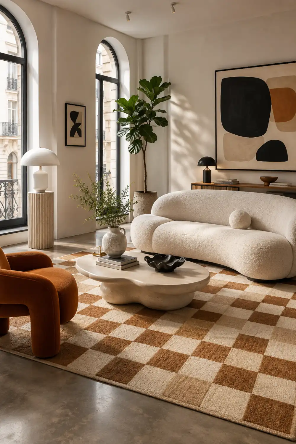 Modern living room with checkerboard rug, curved cream sofa, abstract wall art, arched windows, warm neutral decor, and trendy contemporary interior styling with cozy Pinterest-inspired aesthetics.