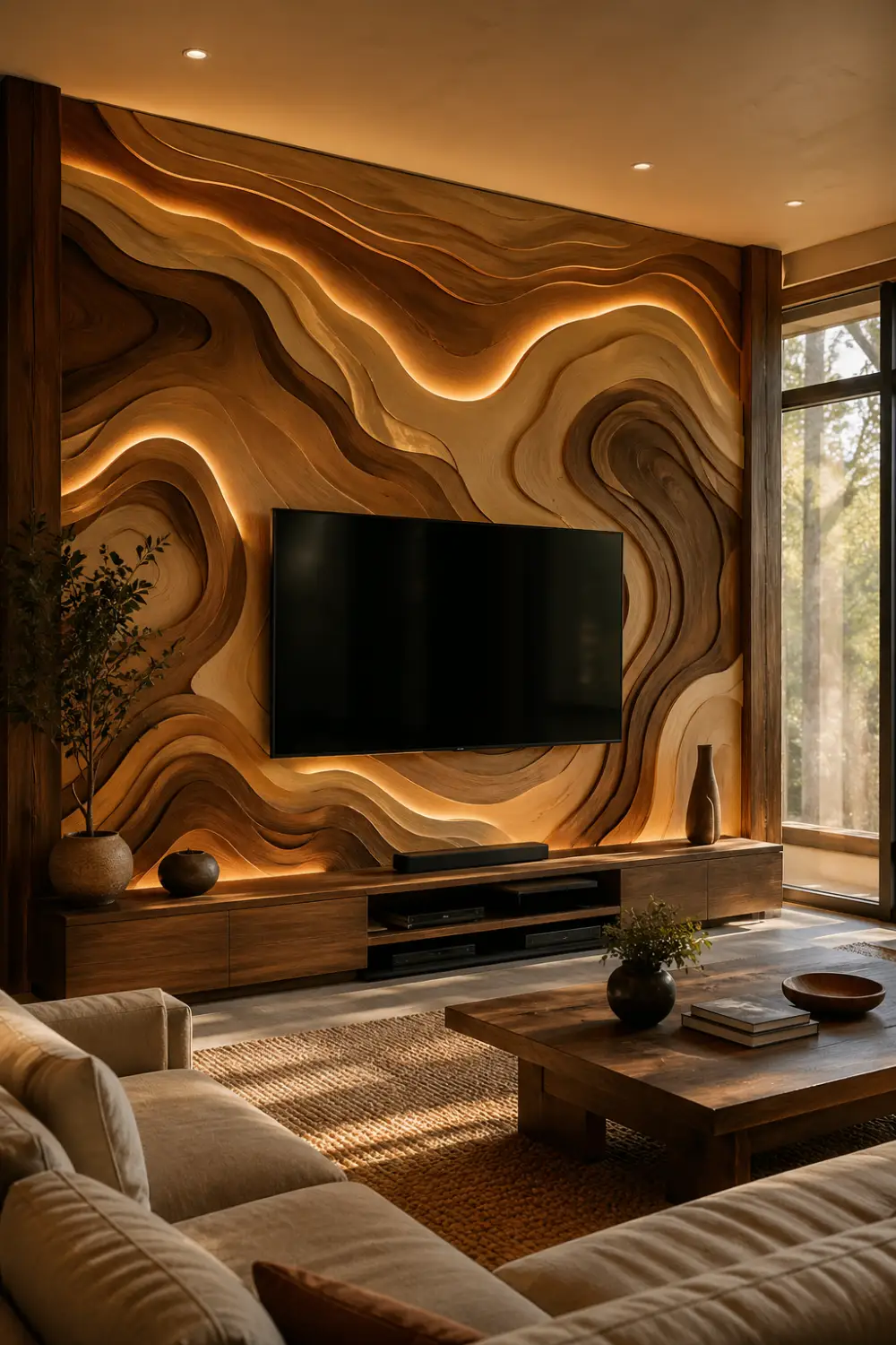 topographic layered wood 3D TV wall with carved contour design, warm LED backlighting, natural wood tones, modern cozy living room interior with mounted TV