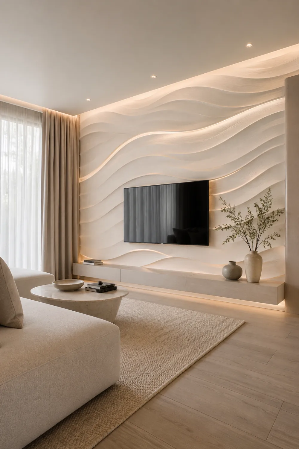 minimal wave textured 3D TV wall in soft beige tones, subtle LED lighting highlights, clean modern living room interior with floating TV unit and neutral decor