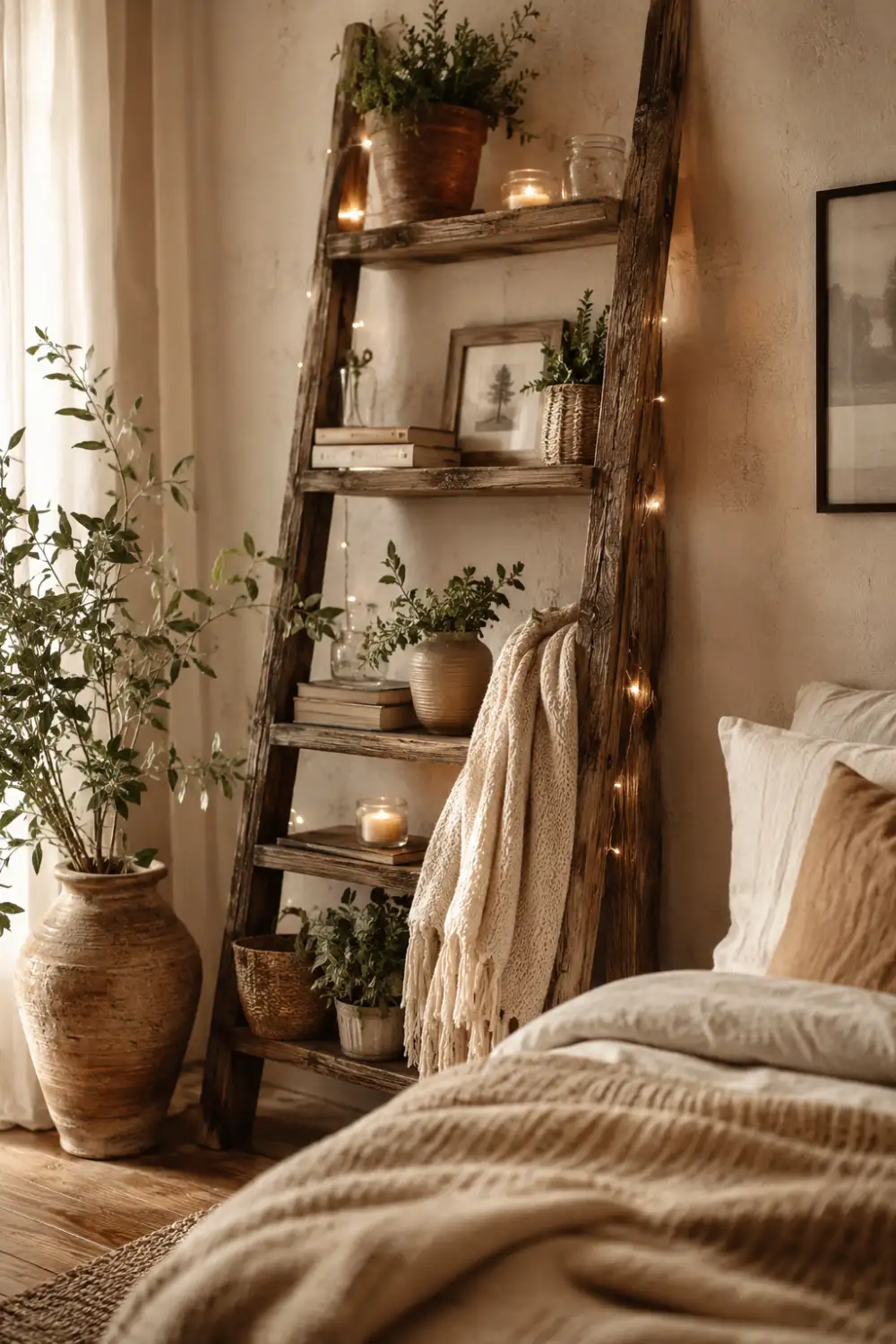 Old wooden ladder repurposed into a decorative shelf with candles, books, potted plants, fairy lights, cozy knit blankets, and warm neutral bedroom decor with rustic farmhouse styling.
