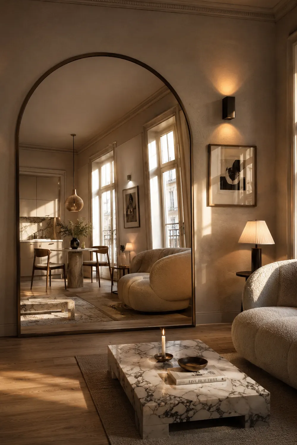 Luxury studio apartment with oversized arched mirror, warm neutral decor, marble coffee table, soft lighting, curved boucle chair, and elegant small apartment interior design aesthetic.