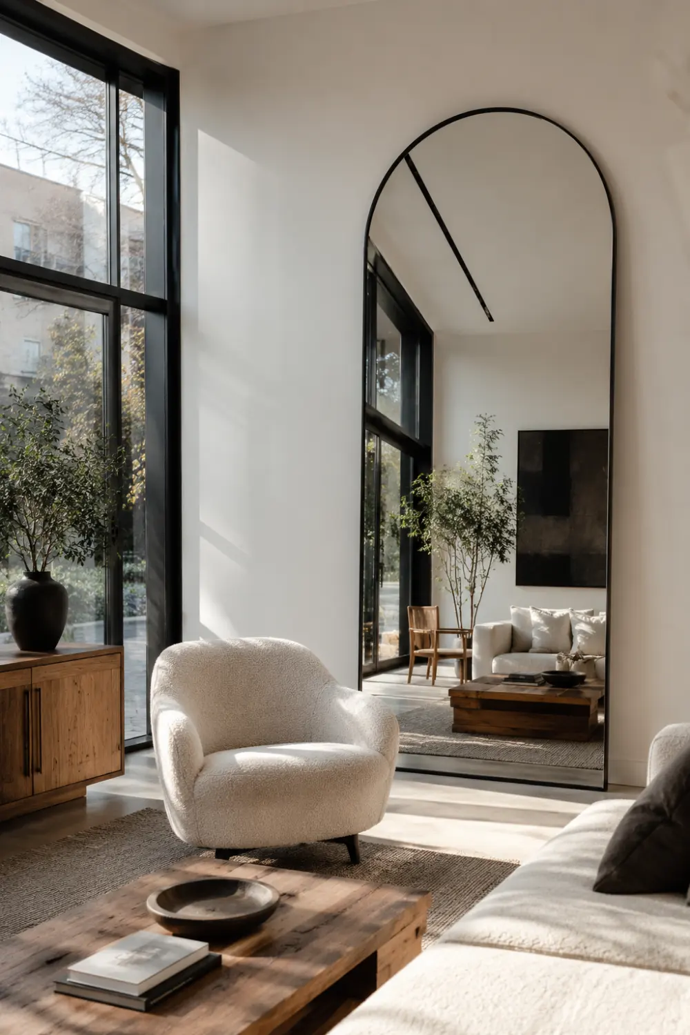 Thin black frame arched floor mirror in a bright modern living room with oversized windows, boucle accent chair, warm wood furniture, textured rug, soft sunlight, and elegant contemporary neutral interior design.