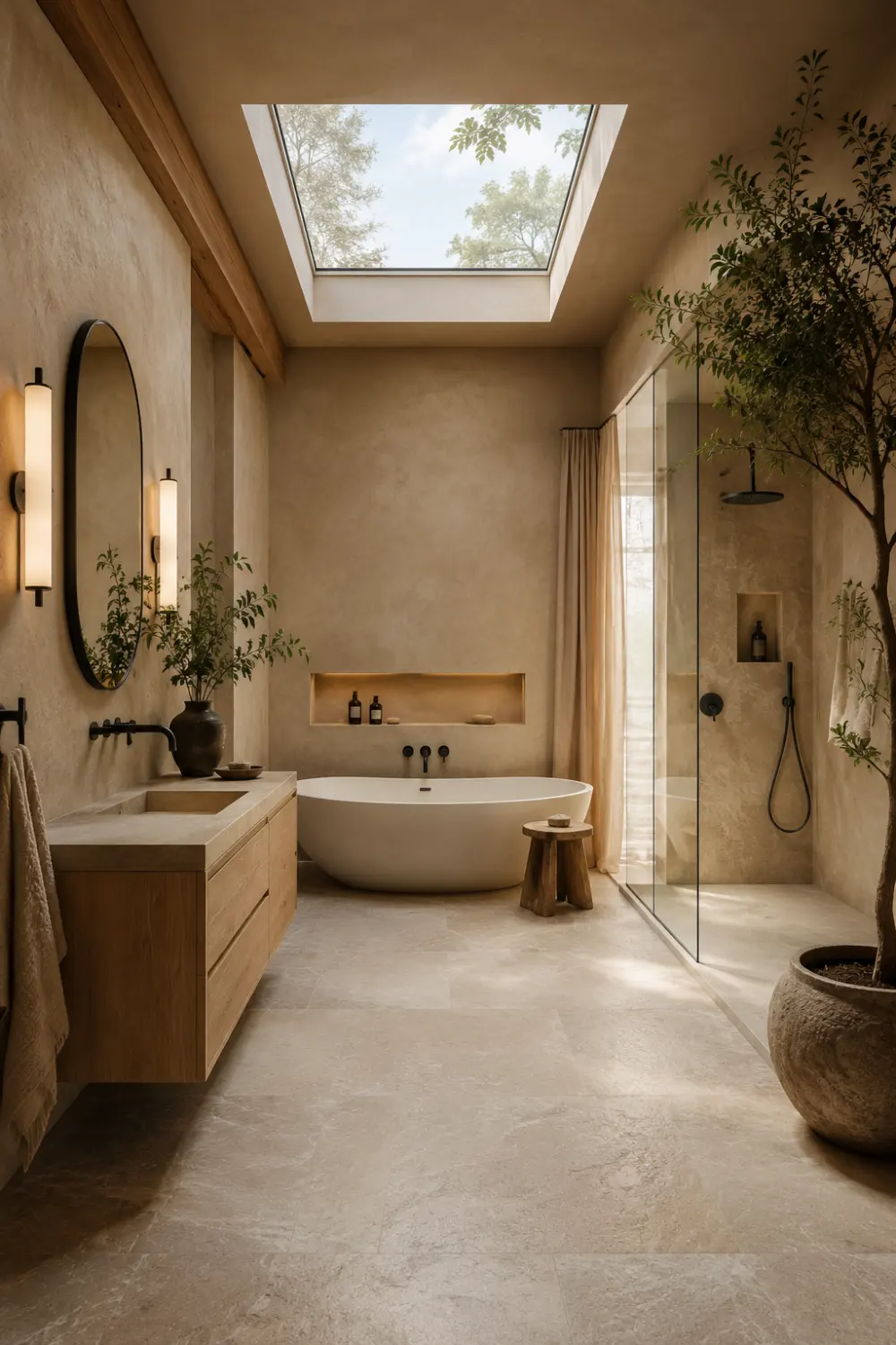 Minimal earthy bathroom with large skylight ceiling, floating wood vanity, frameless glass shower, freestanding bathtub, soft beige walls, natural greenery, and bright organic modern spa-inspired interior styling.