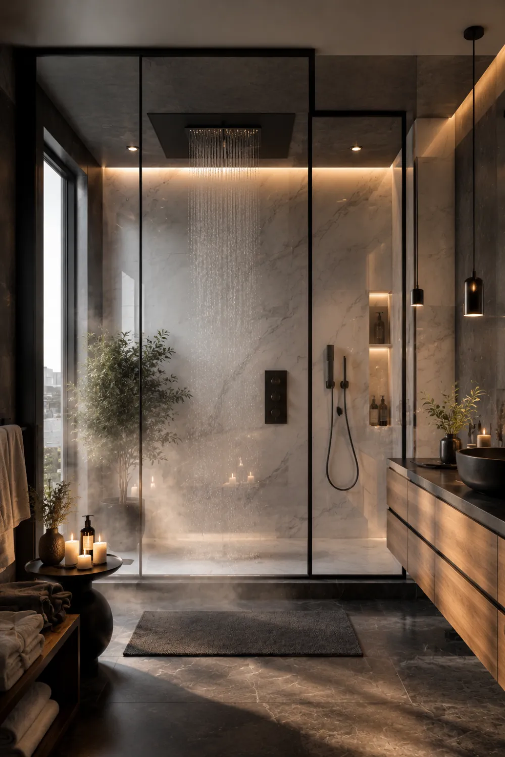 Moody black-framed rain shower with marble walls, black fixtures, soft steam, warm lighting, candles, and modern luxury spa bathroom interior decor.