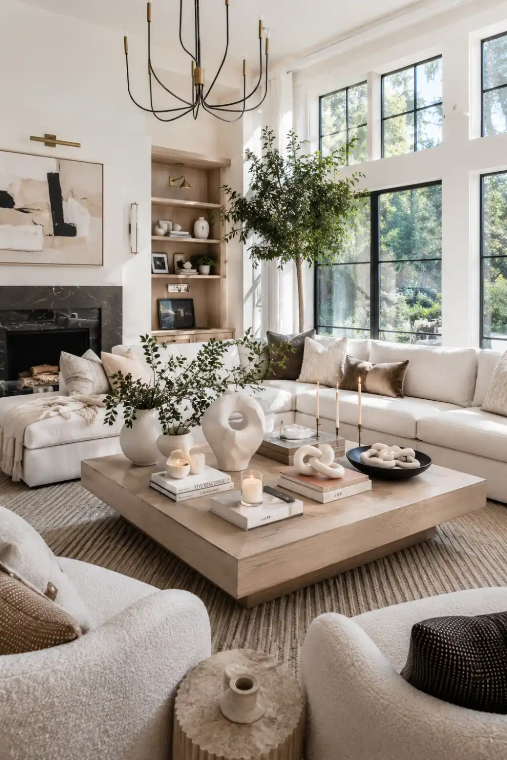 Bright organic modern living room with a sculptural coffee table styled using abstract ceramic decor, layered books, candles, greenery, and neutral accessories. Large windows, soft cream furniture, and natural textures create a calm modern Pinterest-inspired interior aesthetic.