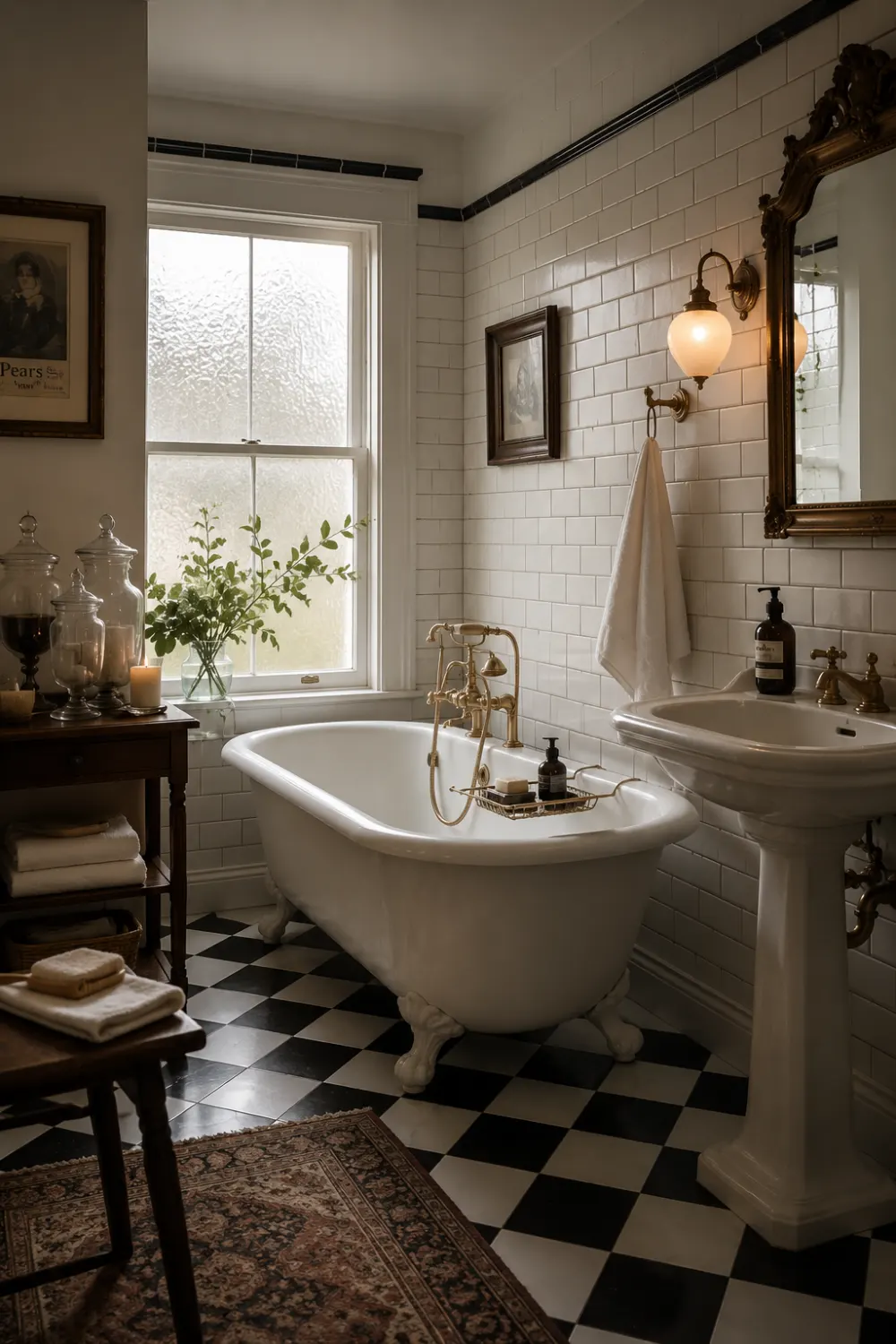 Classic vintage bathroom with black and white checkerboard floor tiles, clawfoot bathtub, white subway tile walls, brass fixtures, rustic decor, and warm natural lighting.