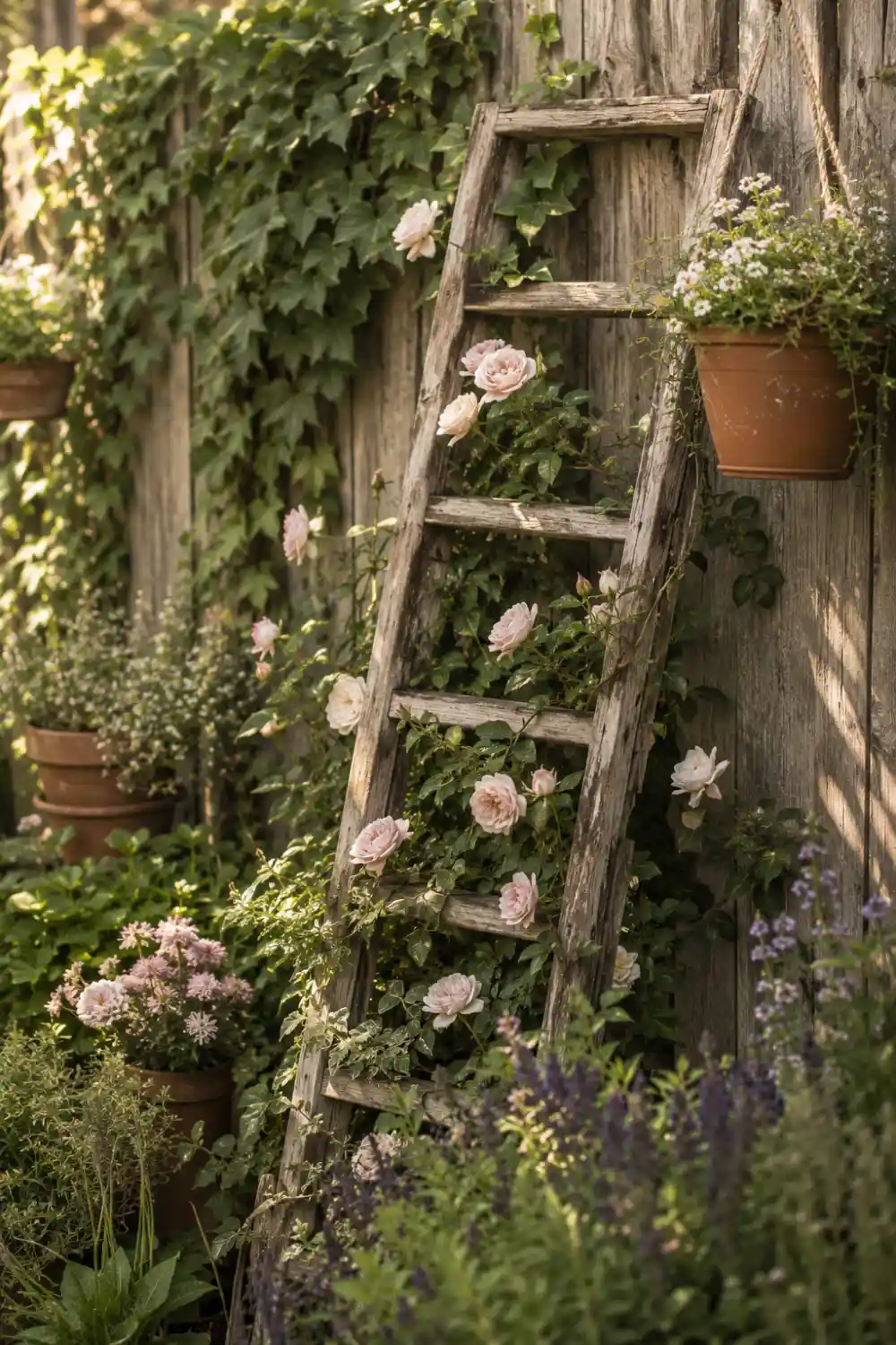 Vintage wooden ladder trellis leaning against a rustic fence with climbing roses, ivy vines, flower pots, and soft cottage garden landscaping in warm evening sunlight.