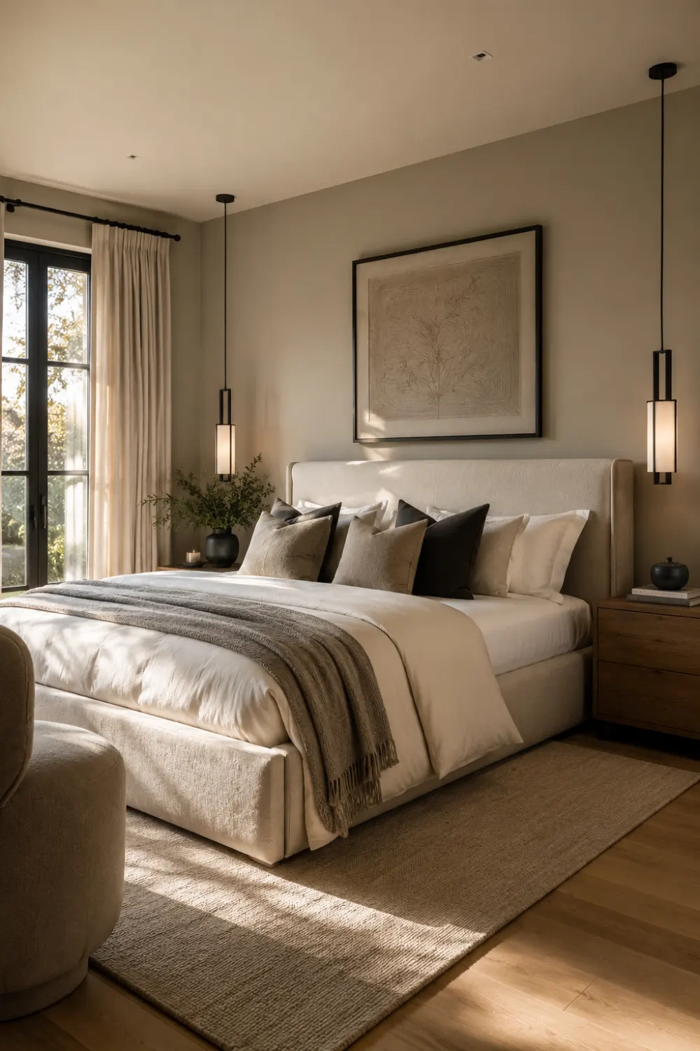 Soft greige luxury bedroom with cream upholstered bed, layered neutral bedding, warm wood flooring, modern pendant lights, textured rug, minimalist decor, and elegant quiet luxury paint color styling with natural daylight.