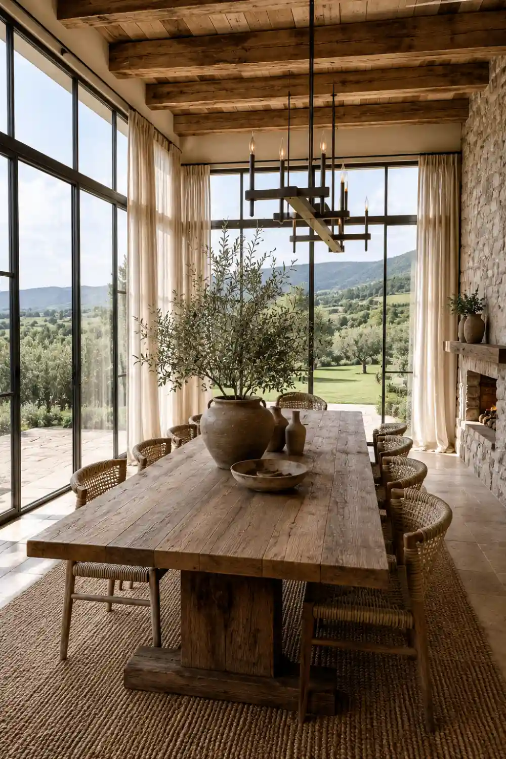 Modern rustic dining room with floor-to-ceiling windows, reclaimed wood dining table, woven dining chairs, exposed ceiling beams, textured stone fireplace, oversized ceramic vases, warm neutral decor, countryside landscape views, natural sunlight, and airy farmhouse interior styling.