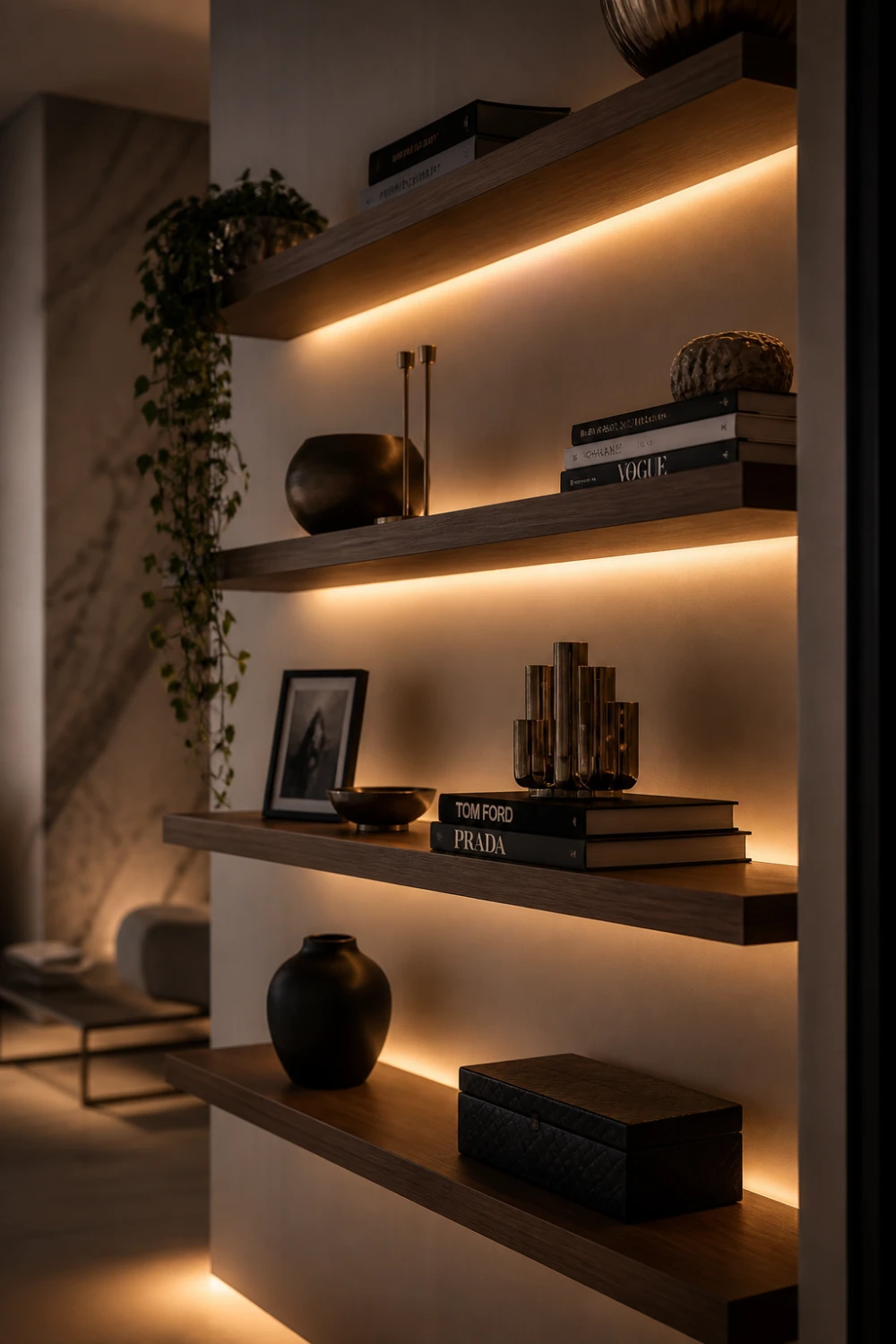 LED backlit floating shelves modern wooden shelves warm lighting wall decor luxury DIY shelf ideas contemporary interior design
