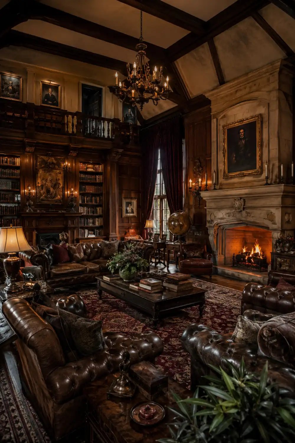 Grand English manor old money living room with leather Chesterfield sofas, exposed wood beam ceilings, stone fireplace, dark wood walls, Persian rugs, antique decor, warm ambient lighting, and luxury heritage-inspired interior design.