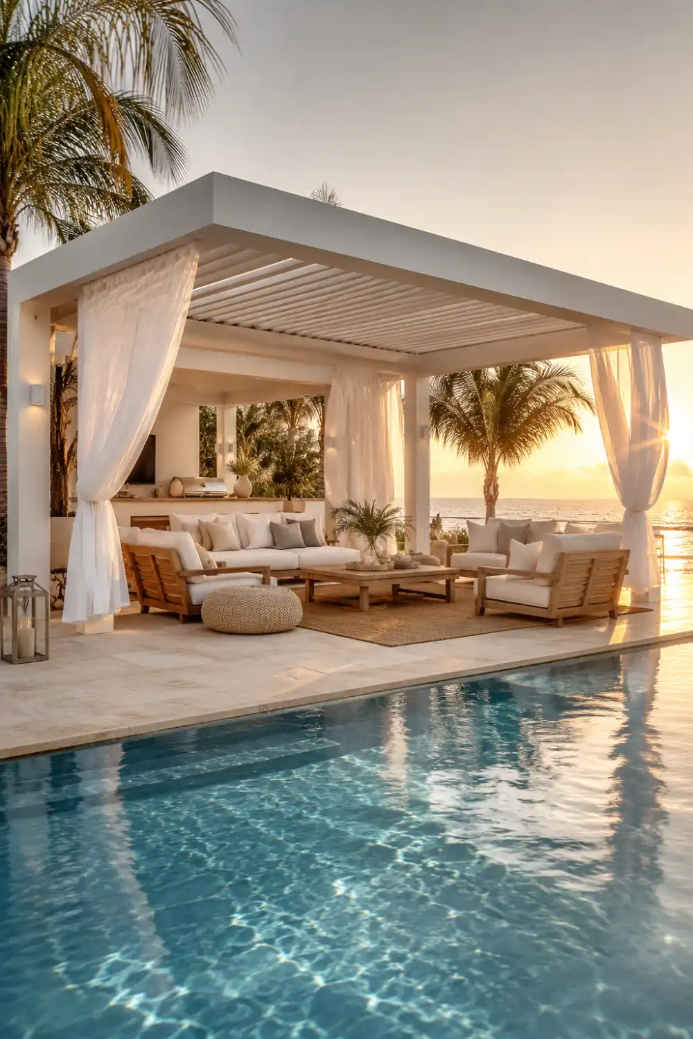 Bright white poolside gazebo with flowing curtains, luxury outdoor seating, tropical palm trees, soft sunset lighting, and modern resort-style backyard design beside a swimming pool.