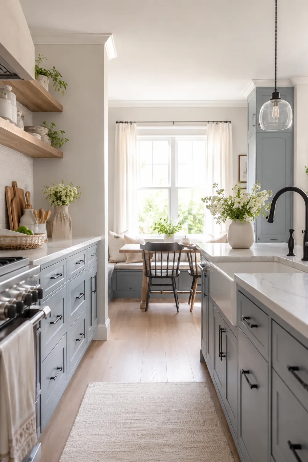 Soft dusty blue kitchen cabinets with white countertops, open wood shelving, black hardware, and bright modern farmhouse kitchen decor