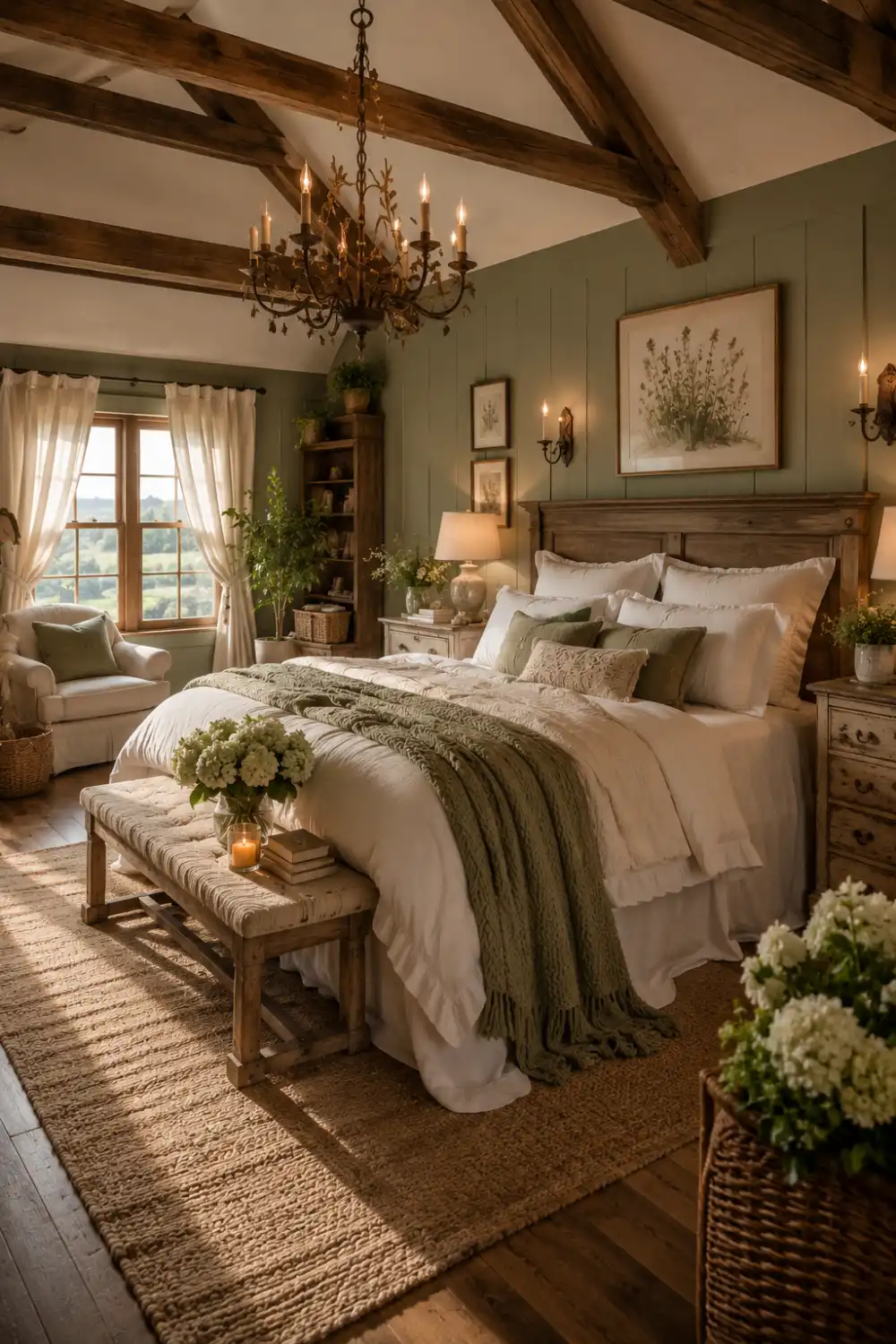 Cozy rustic romantic bedroom with exposed wooden ceiling beams, sage green walls, layered white bedding, farmhouse wood furniture, warm chandelier lighting, woven rug, and elegant countryside-inspired decor.
