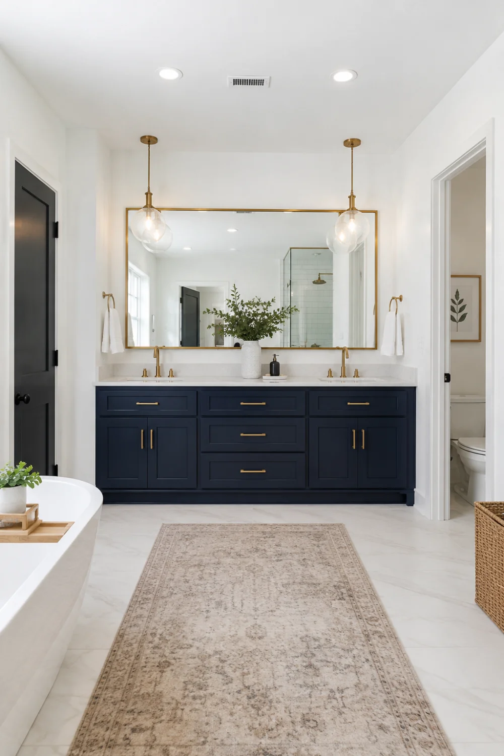 Bright white bathroom with navy blue vanity, gold hardware, marble floors, pendant lighting, freestanding bathtub, woven textures, and modern cozy bathroom design inspiration.