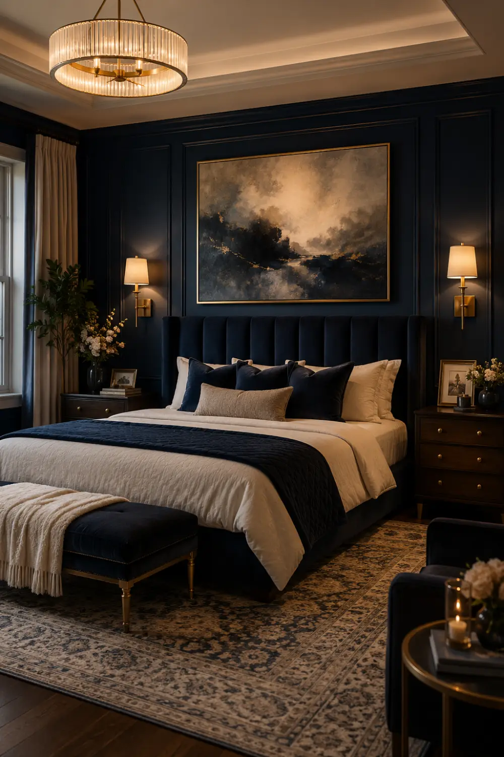 Luxury navy blue bedroom with paneled feature wall, gold wall sconces, velvet upholstered bed, elegant artwork, warm ambient lighting, layered bedding, dramatic dark decor, and sophisticated modern bedroom inspiration.