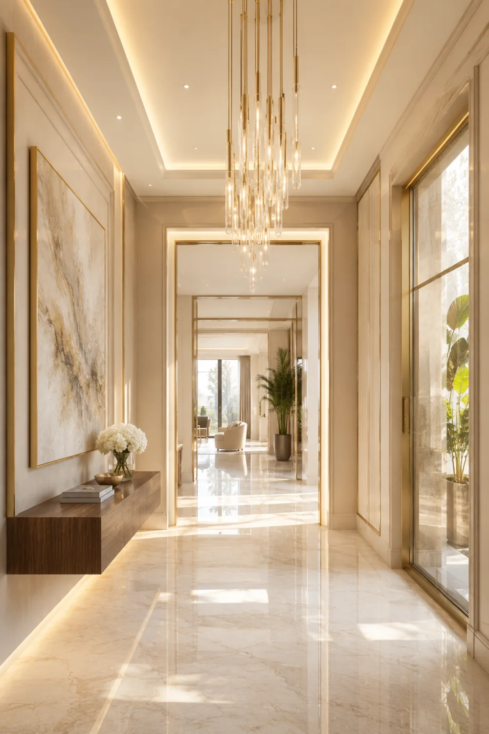 Bright modern hallway with floating walnut console table, crystal chandelier, polished marble floors, floor-to-ceiling windows, abstract wall art, warm LED lighting, and luxury contemporary entryway interior.