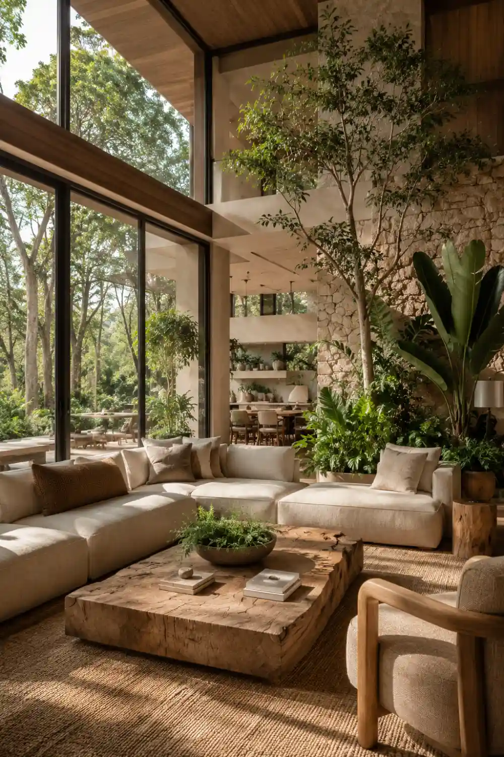 Biophilic luxury living room with oversized indoor trees, natural stone walls, huge windows, neutral linen furniture, wooden decor accents, and cozy nature-inspired autumn home styling.