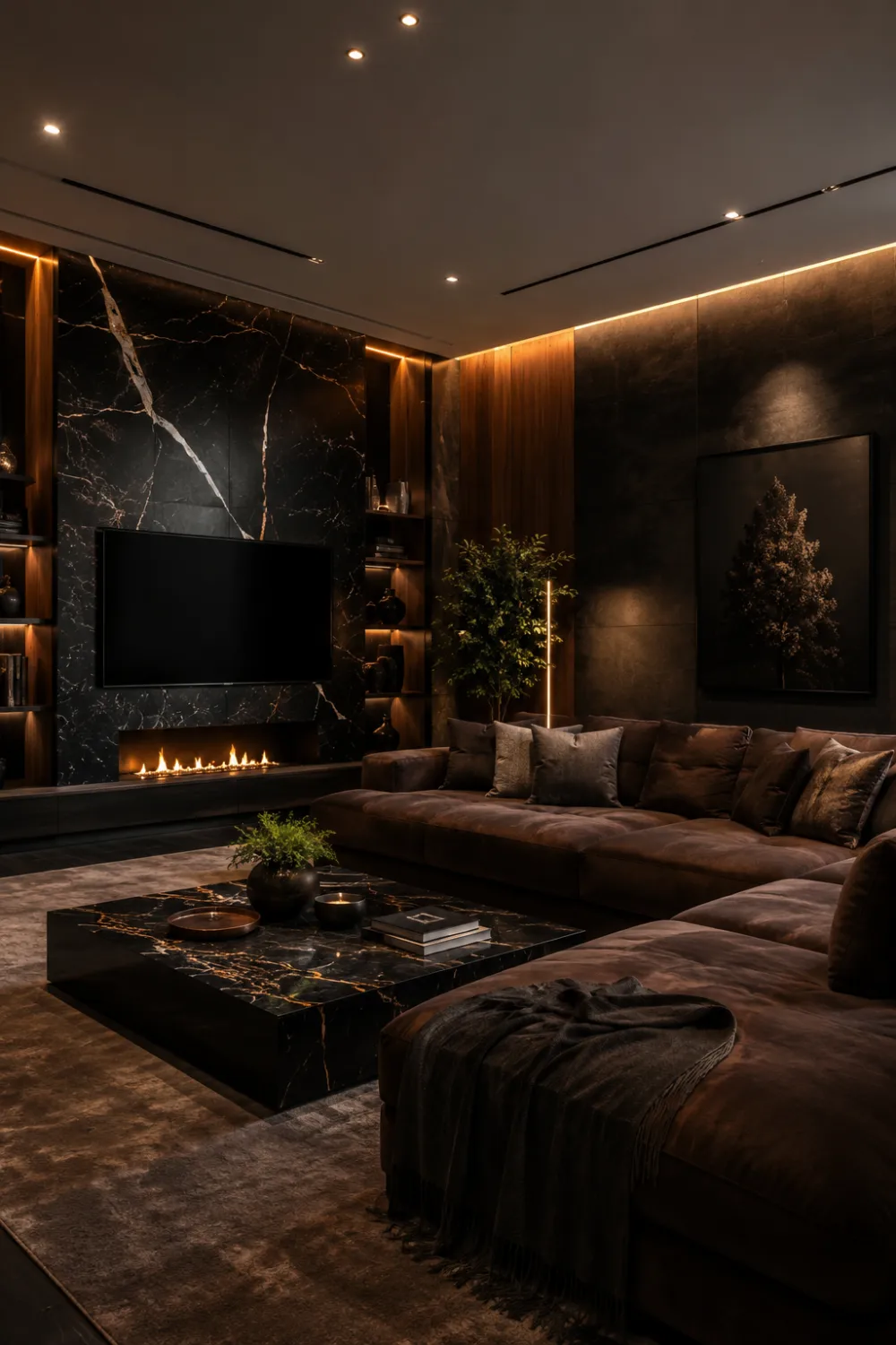 Dark moody luxury living room with black marble TV wall, deep brown sectional sofa, warm ambient lighting, modern fireplace, layered textures, walnut accents, and elegant cozy modern interior design.
