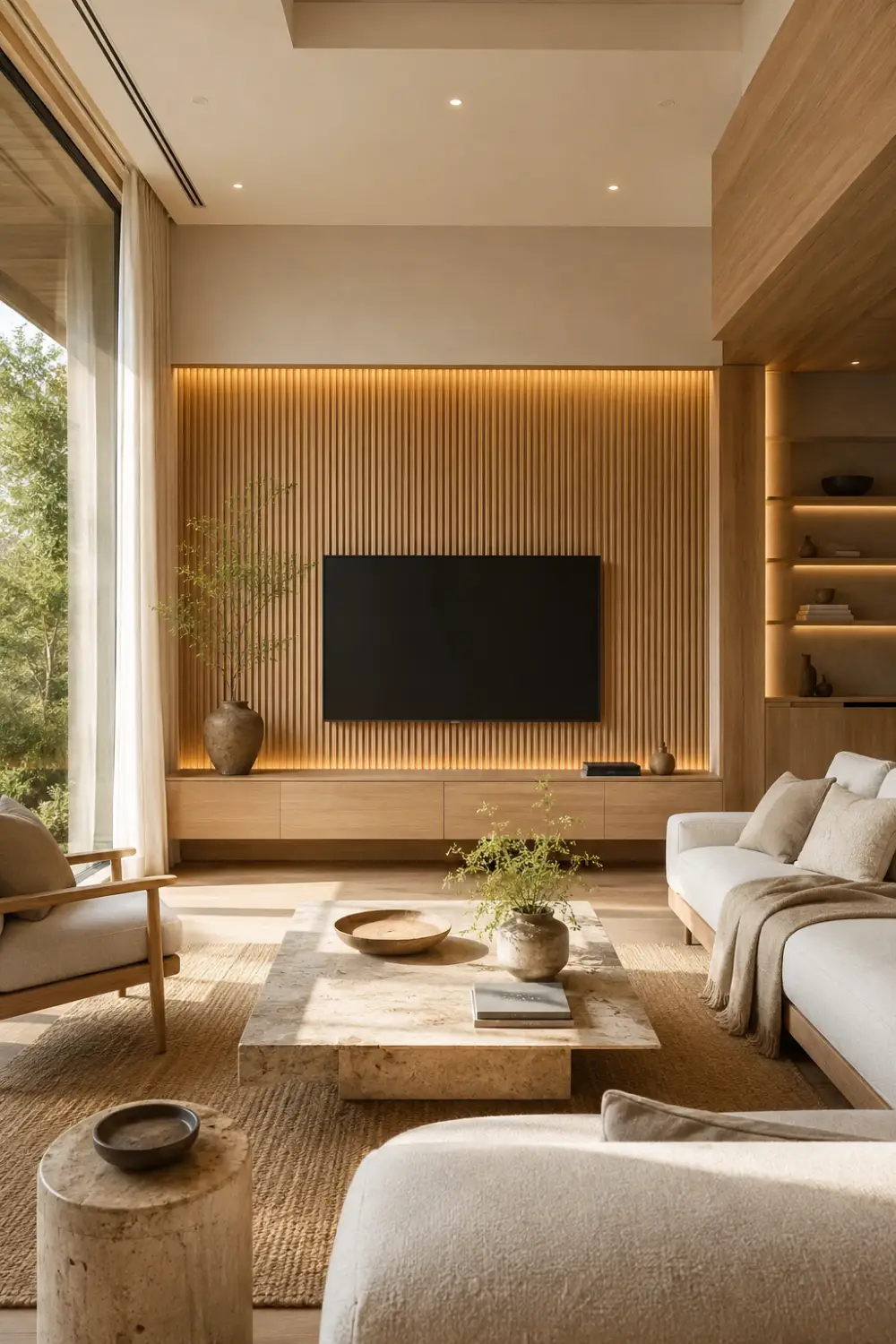 Warm minimalist wood slat TV wall with hidden LED lighting, floating oak media console, Japandi-inspired neutral living room decor, and bright contemporary interior design.