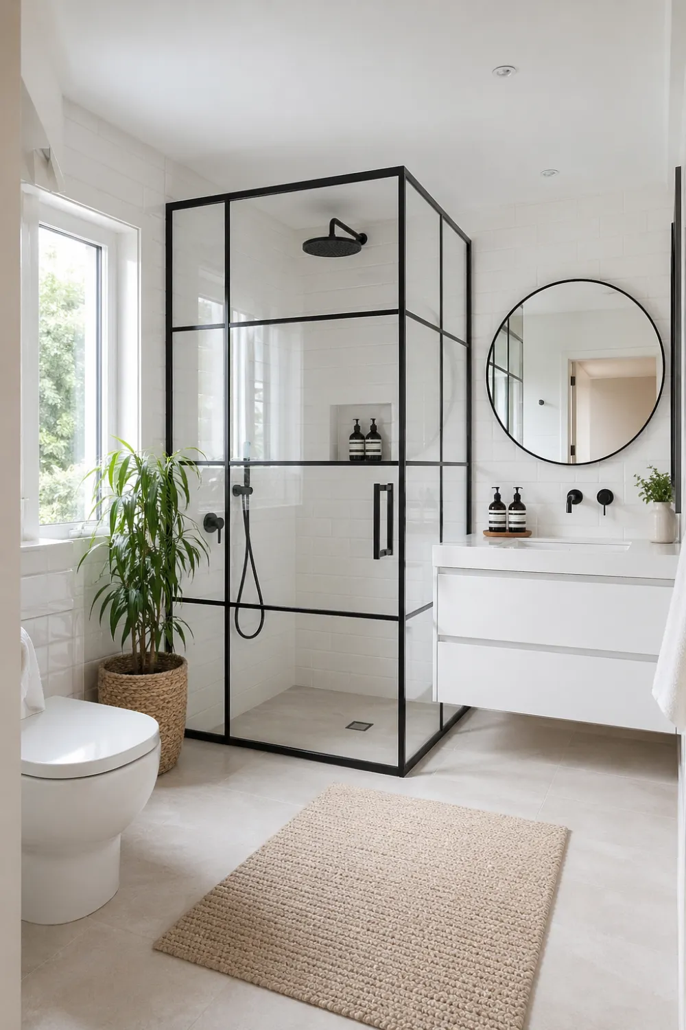 modern black grid shower bathroom with white tiles, glass shower enclosure with black frame, round mirror, floating vanity, plant decor, bright and airy bathroom interior