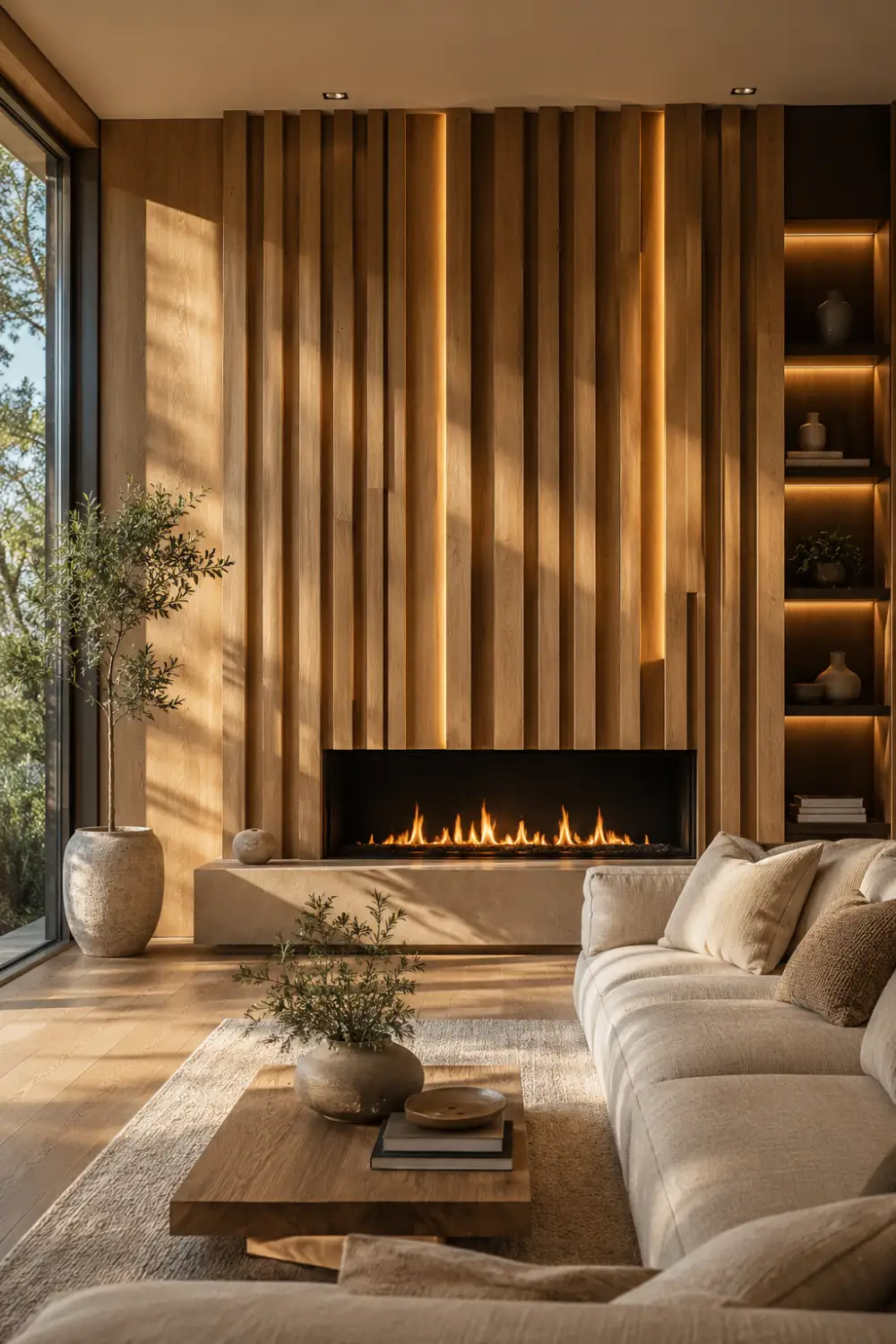 Luxury 3D geometric fireplace wall with curved textures, hidden LED lighting, modern neutral furniture, and elegant contemporary living room decor
