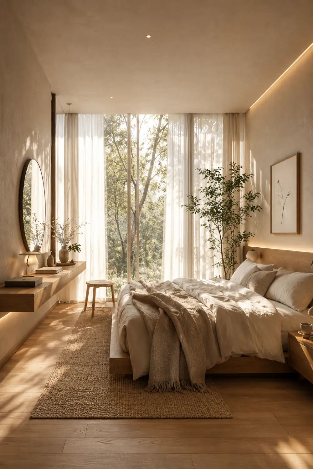 Sunlight-filled Japandi bedroom with large floor-to-ceiling windows, sheer curtains, floating wooden vanity, indoor greenery, warm wood flooring, soft linen bedding, and cozy minimalist decor.