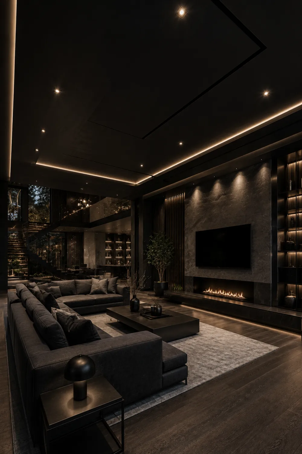 Luxury modern black ceiling design with hidden LED strip lighting, dark contemporary interior decor, sleek fireplace, and dramatic cinematic living room styling.