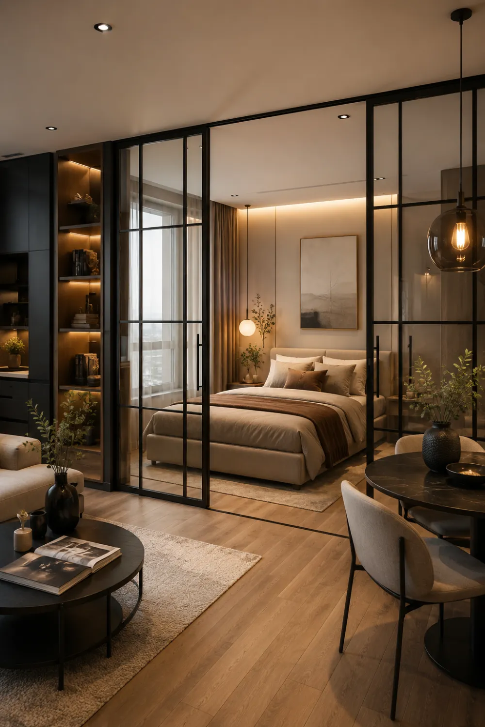 Modern glass partition tiny bedroom with black frame sliding doors, warm ambient lighting, luxury neutral decor, cozy bed setup, and stylish studio apartment inspiration.
