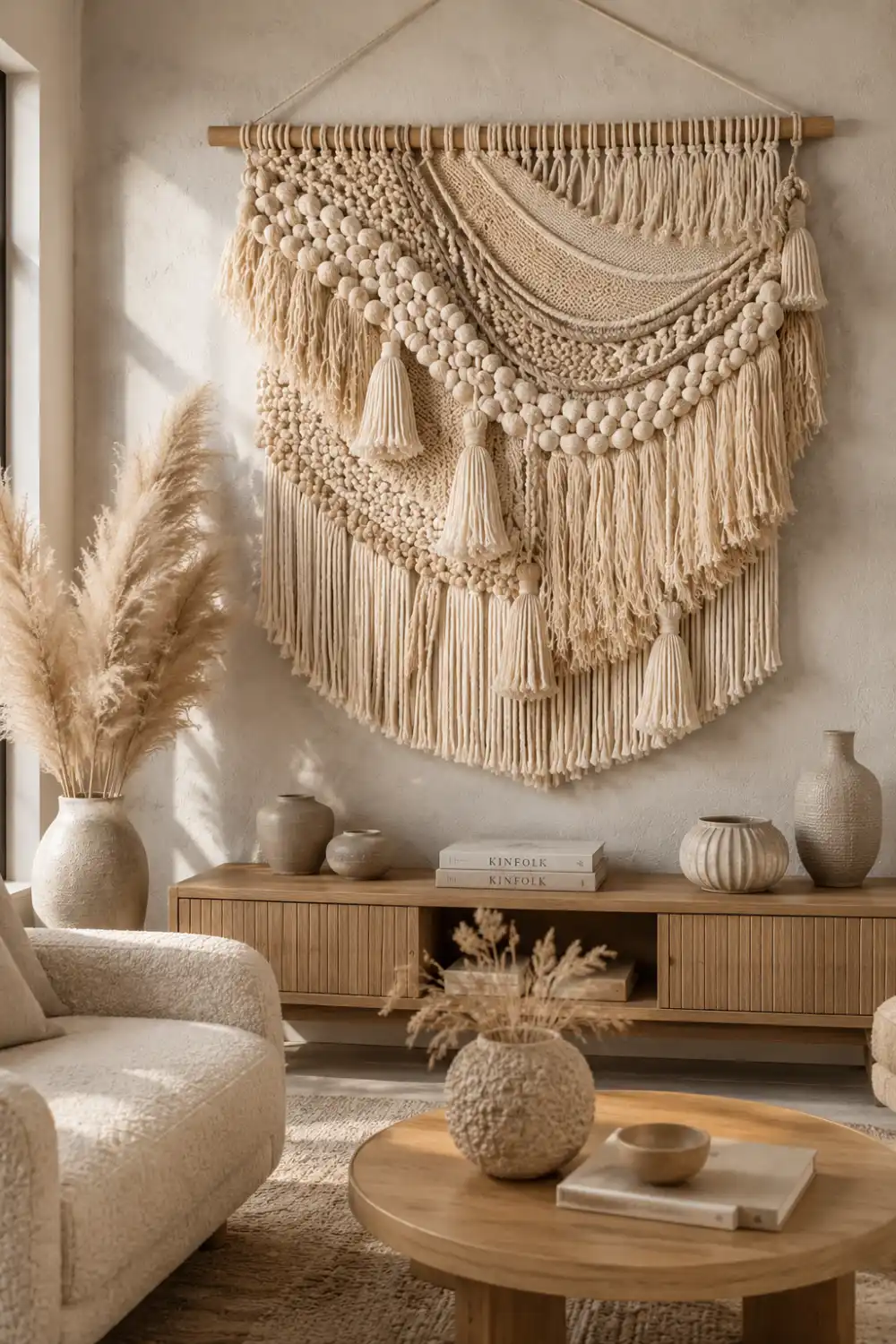 Textured layered fiber art macrame wall hanging with chunky cotton rope, tassels, woven patterns, and wooden bead details displayed in a luxury neutral boho living room with warm earthy decor.