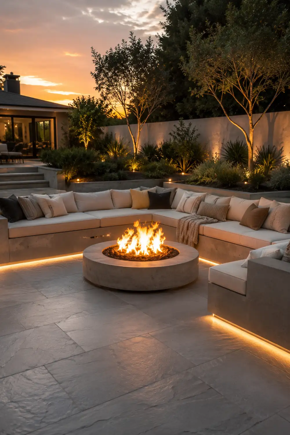 Built-in sectional backyard fire pit lounge with oversized neutral seating, glowing round fire pit, warm under-seat LED lighting, modern landscaping, and luxury outdoor patio design at sunset.
